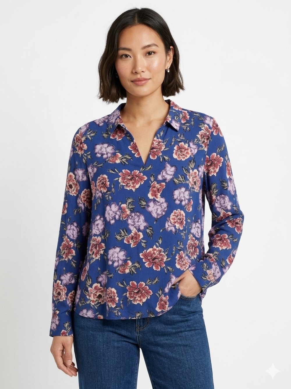 Leith Blue Dark Floral V-Neck Long-Sleeve Top Sz M EUC
